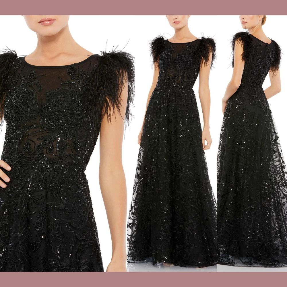 NEW Mac Duggal [ 10 ] 20296 Embellish Feather Cap Sleeve Bateau A Line Gown Q926